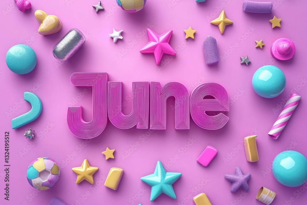 Bright and vibrant June decorations arranged on a soft pink background. Various playful shapes and textures surround the bold lettering, creating a cheerful and festive atmosphere perfect for summer.