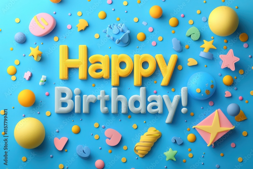 Bright and vibrant birthday decorations are scattered across a blue surface, featuring a cheerful Happy Birthday text alongside colorful shapes and items.
