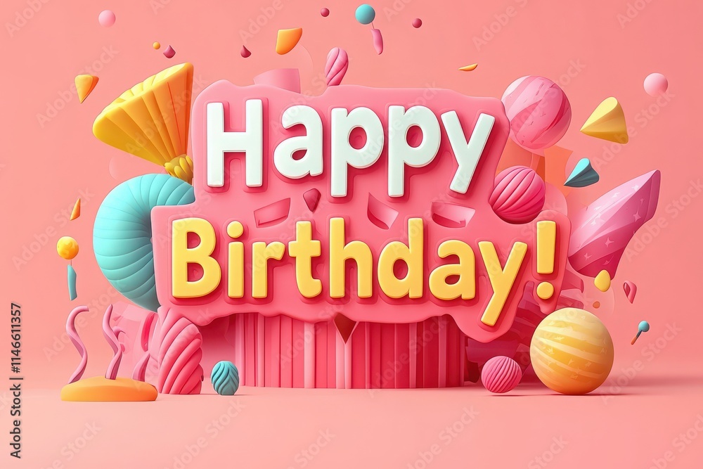 Bright and vibrant birthday decorations featuring playful shapes and colors create a festive atmosphere. The cheerful design invites celebration and joy, perfect for any birthday party.