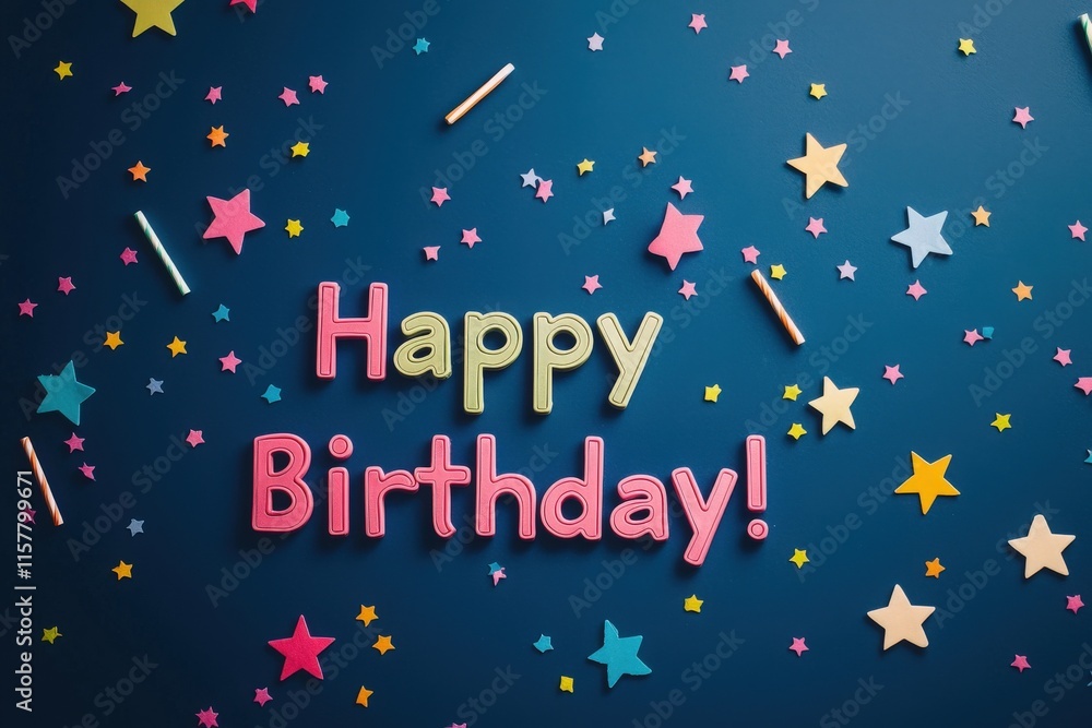 Bright and vibrant decoration features the phrase happy birthday in bold letters surrounded by colorful stars. This festive display is perfect for celebrating a special occasion.