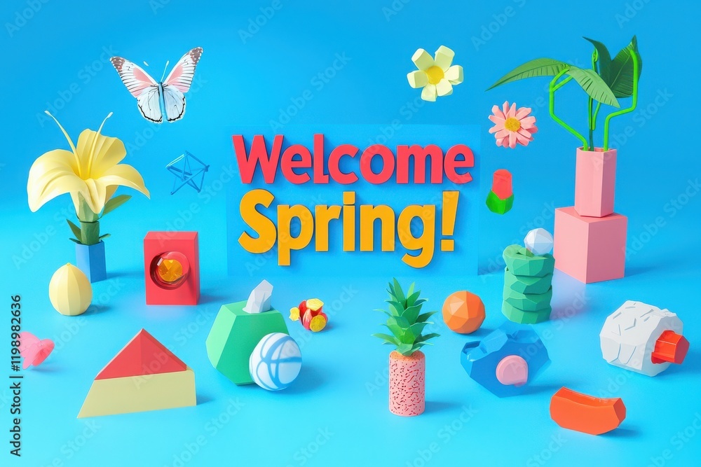Bright and vibrant decorations celebrate the arrival of spring. Various colorful paper crafts, including flowers, geometric shapes, and a butterfly, are artfully arranged against a blue backdrop.