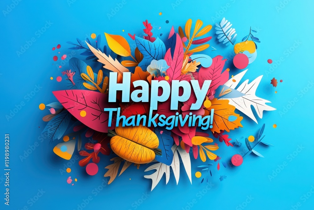 Bright and vibrant design celebrating Thanksgiving, showcasing colorful leaves and pumpkins against a lively blue backdrop, conveying a festive and joyful atmosphere.