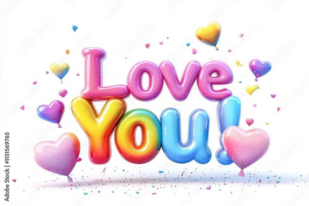 Bright and vibrant design showcases the words love you adorned with colorful hearts and balloons, perfect for expressing affection in celebrations or special occasions.