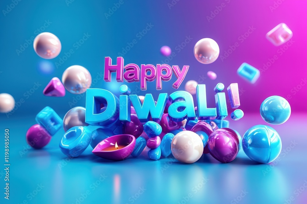 Bright and vibrant display featuring the phrase Happy Diwali amidst colorful spheres and traditional lamps. The background radiates festive energy, perfect for celebrating the festival of lights.