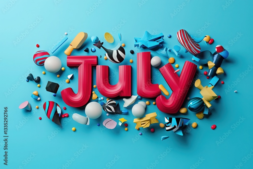 Bright and vibrant display of the word July surrounded by an assortment of geometric shapes and festive items.