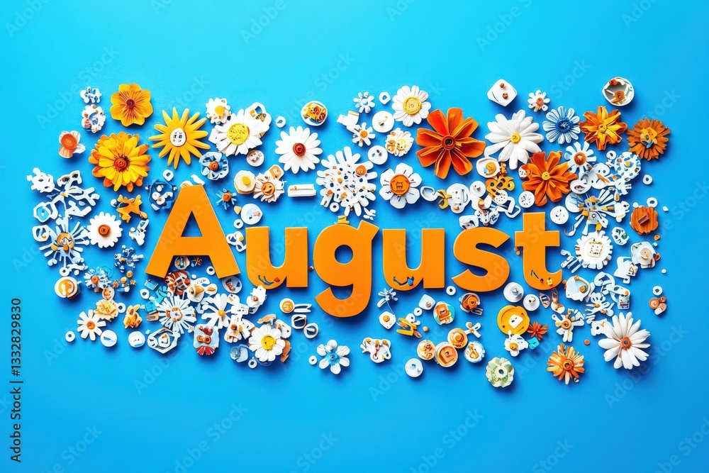 Bright and vibrant floral arrangements form the word August in orange. The rich colors stand out against a blue background, capturing the essence of summer.