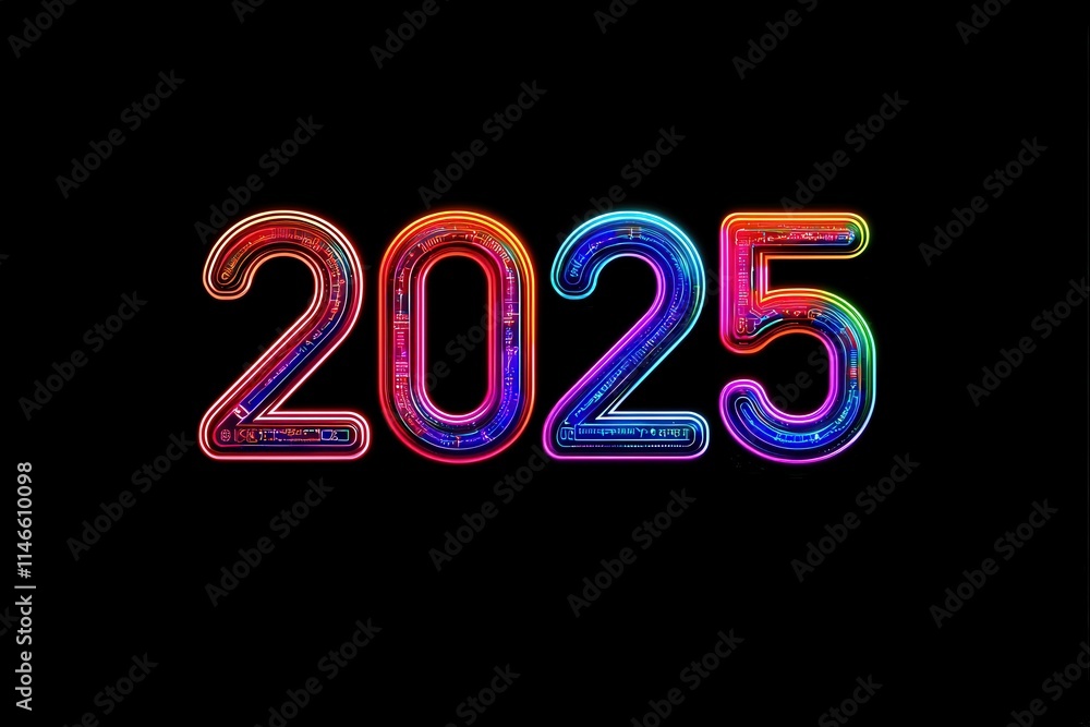Bright and vibrant numbers 2025 glow in neon colors, set against a solid black background. The design features intricate details, emphasizing a futuristic and technological theme.