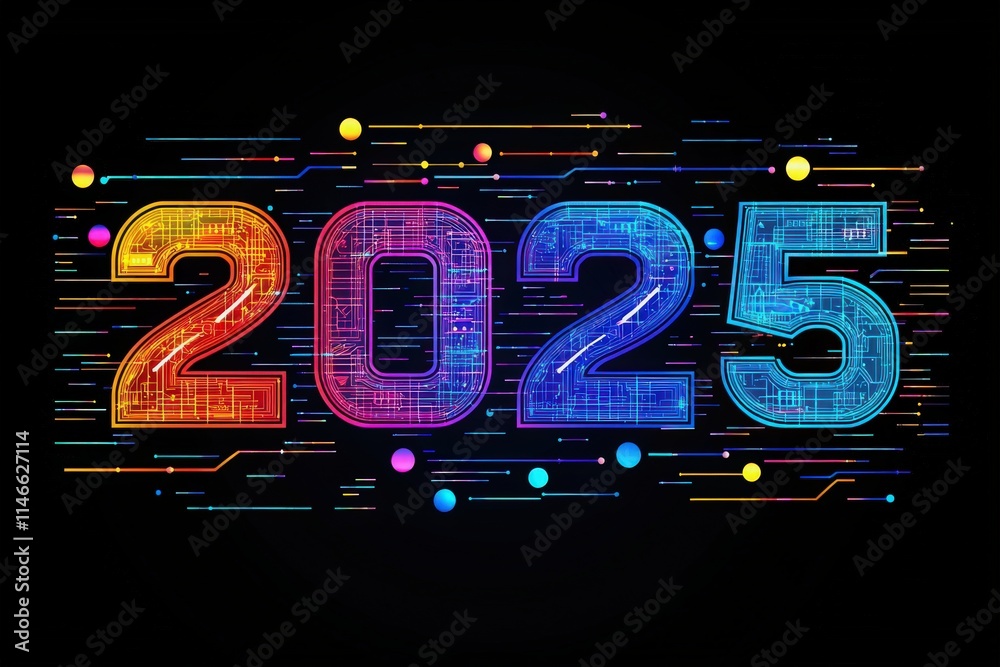 Bright and vibrant numbers form the year 2025, designed with intricate patterns and glowing effects. The background is dark, enhancing the colorful circuitry and digital elements.