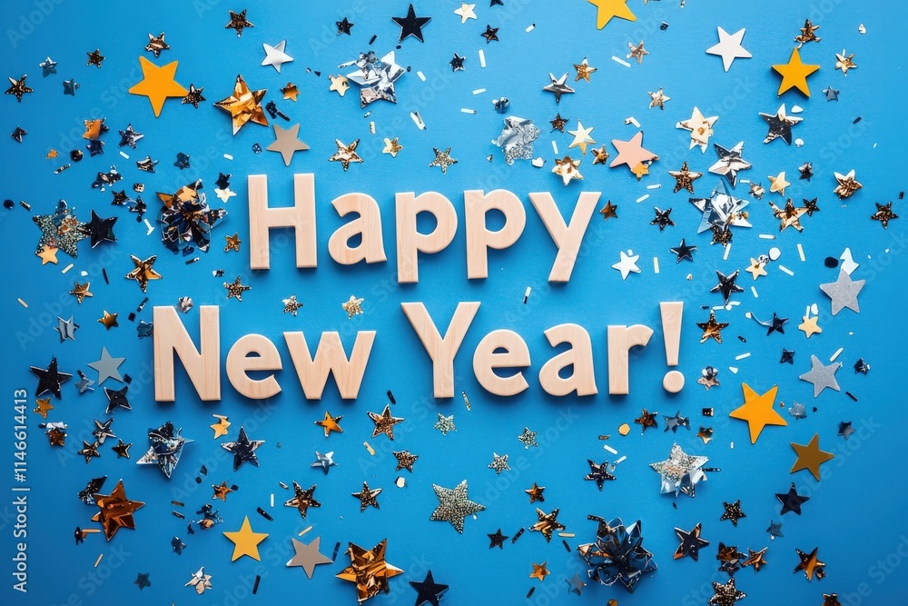 Bright blue background adorned with golden, silver, and blue stars alongside the cheerful message wishing a Happy New Year. Perfect for welcoming the new year with joy and excitement.