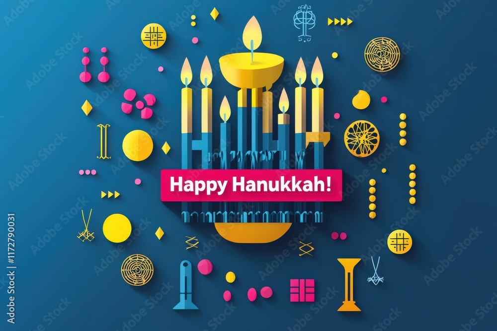 Bright candles are arranged in an artistic display celebrating Hanukkah. Colorful symbols of the holiday surround the menorah, emphasizing joy and togetherness during this festive occasion.