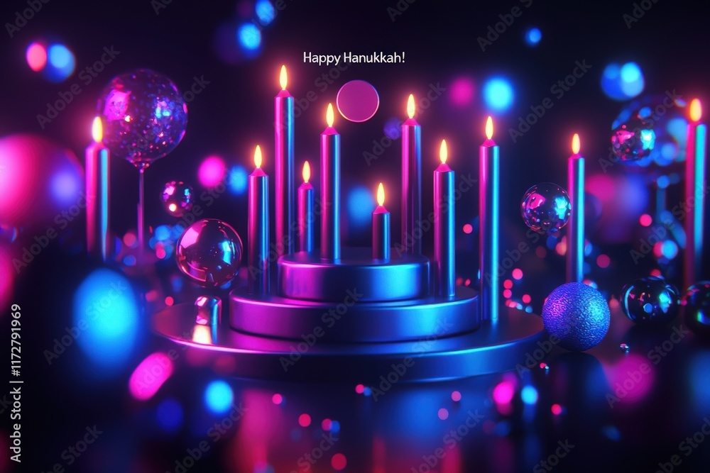 Bright candles are lit on a central menorah surrounded by shimmering orbs, creating a festive atmosphere for Hanukkah celebrations. The scene is filled with vivid colors and joyous spirit.
