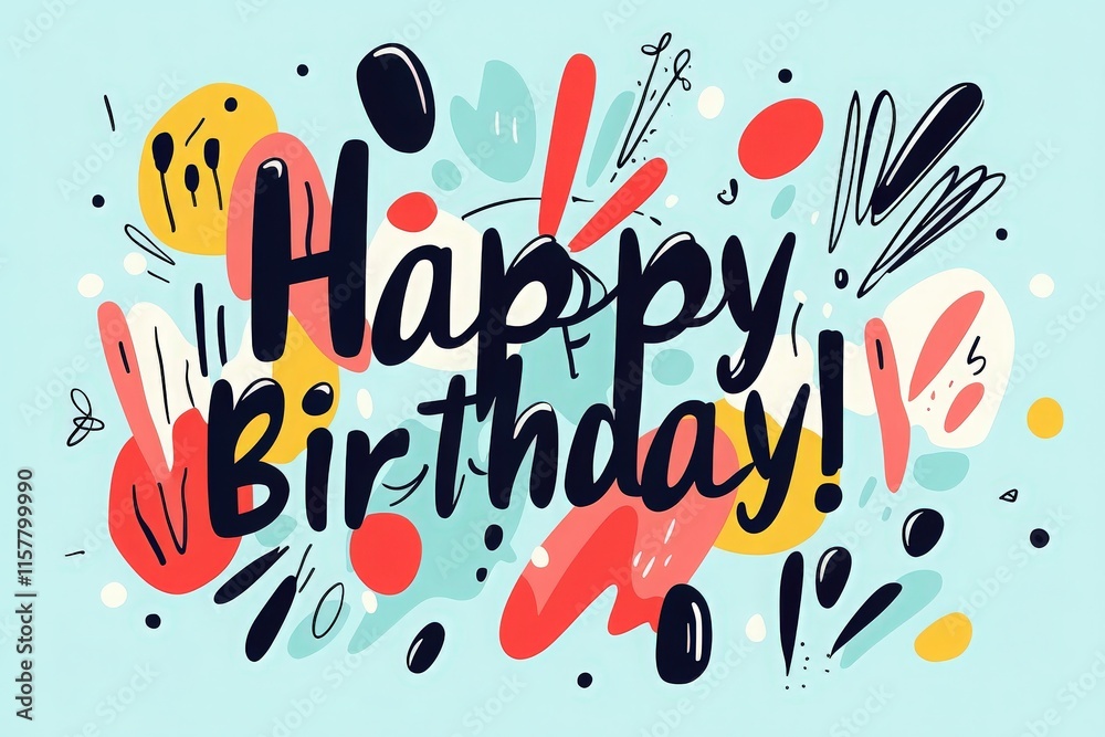 Bright, colorful artwork celebrating a birthday with playful patterns and joyful typography. The design features Happy Birthday! in bold, fun letters against a vibrant background.