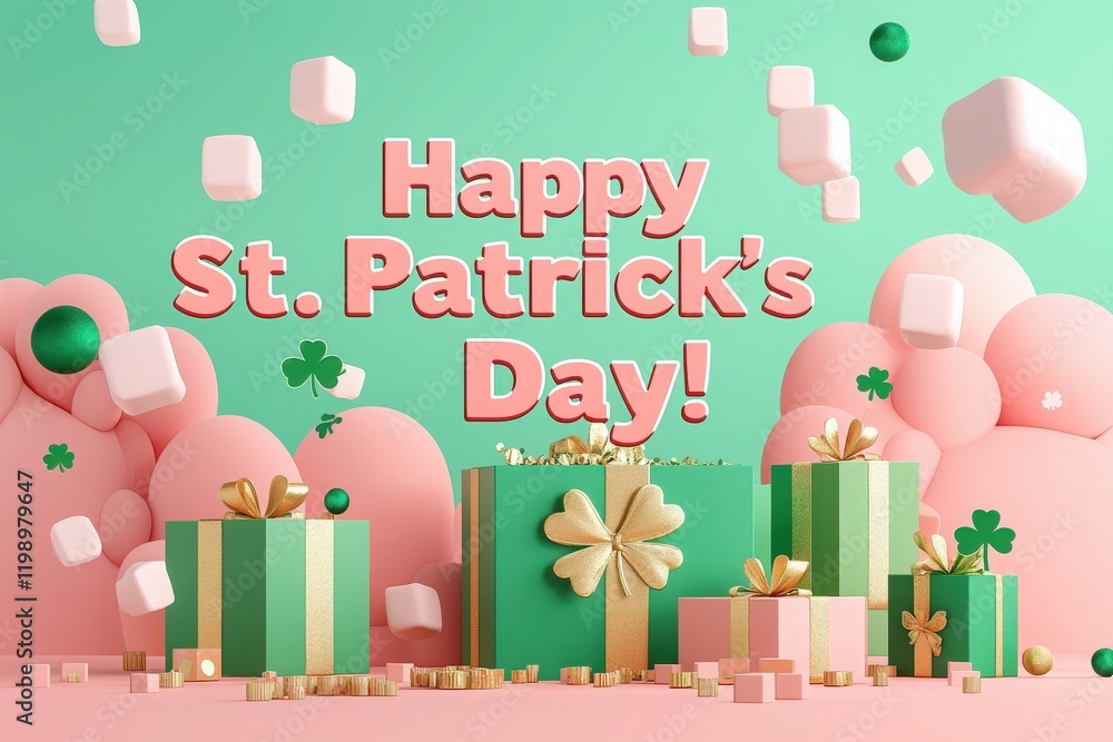 Bright, colorful decorations celebrate St. Patricks Day, featuring festive gifts in shades of green and pink with cheerful shamrock symbols. The playful atmosphere radiates joy and festivity.