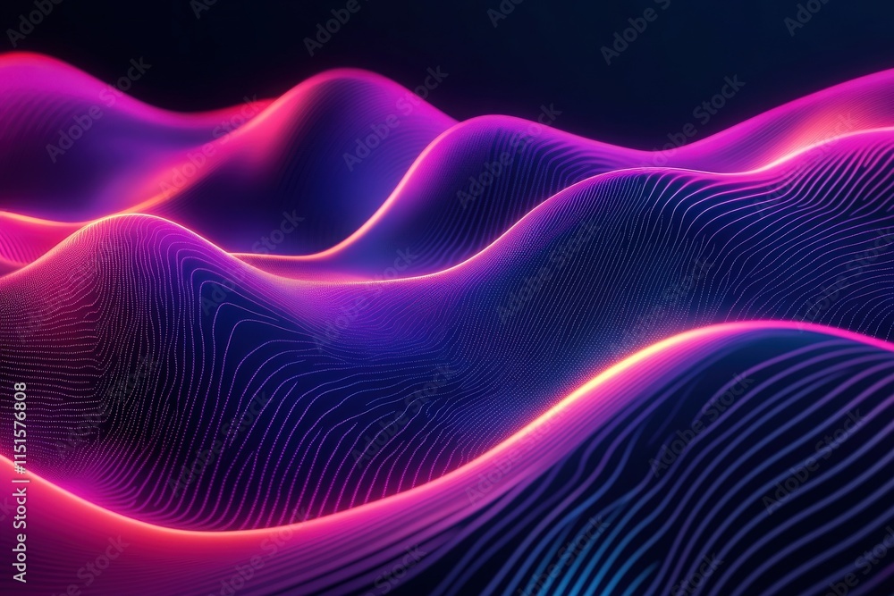 Bright, colorful waves undulate in a dark background, showcasing intricate lines and glowing patterns. The vibrant hues of purple, pink, and blue create an ethereal atmosphere.