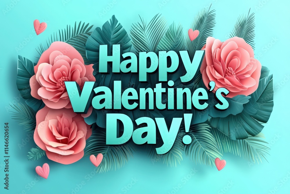 Bright colors and beautiful roses create a festive atmosphere for Valentines Day. The design features lush greenery and decorative hearts, ideal for expressing affection.