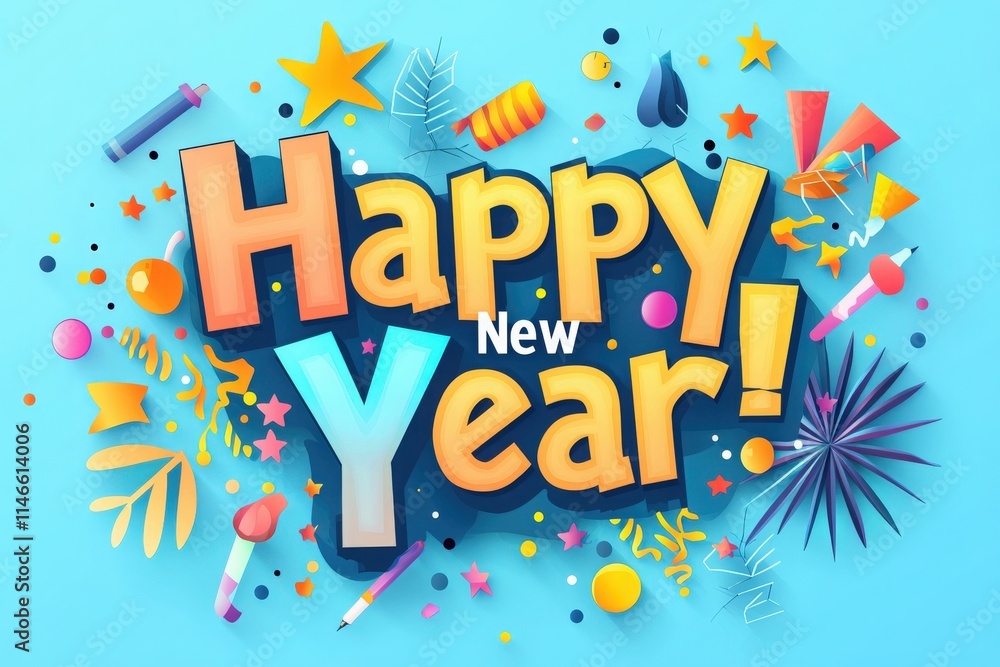 Bright colors and festive decorations create a joyful atmosphere welcoming the New Year. Illustrations include balloons, confetti, and party items celebrating new beginnings and joy.