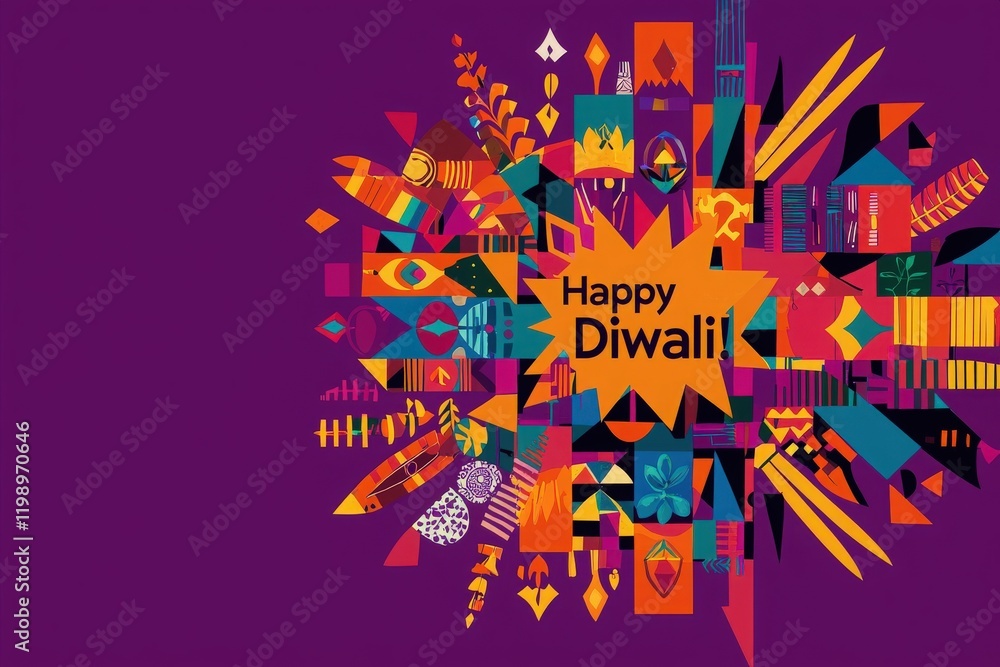 Bright colors and intricate designs express the joy of Diwali. Traditional symbols, patterns, and the greeting Happy Diwali create a lively festive atmosphere suitable for the occasion.