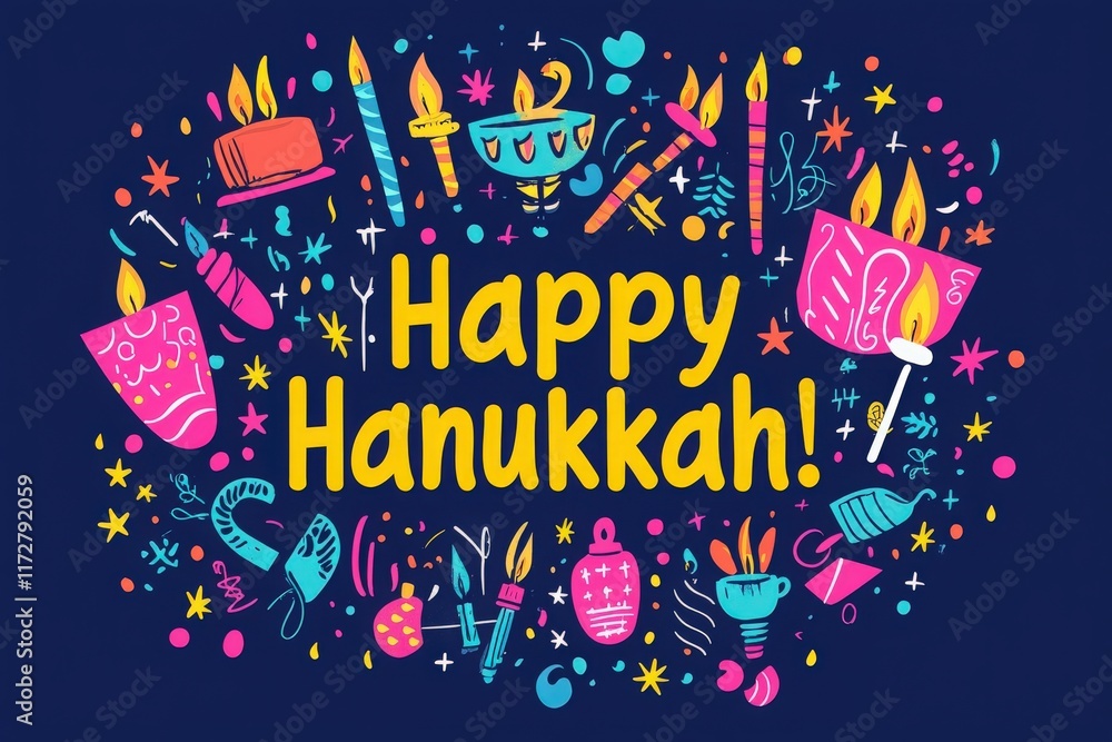 Bright colors and joyful symbols celebrate Hanukkah, featuring candles, dreidels, and traditional items. This vibrant artwork embodies the spirit of the festival in an engaging manner.