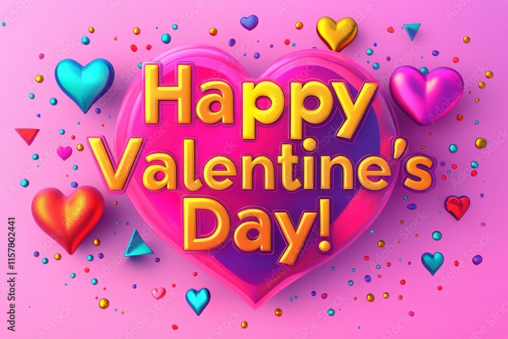 Bright colors and playful shapes celebrate Valentines Day, featuring a large heart and cheerful text wishing everyone a happy holiday, inviting people to express their love and affection.