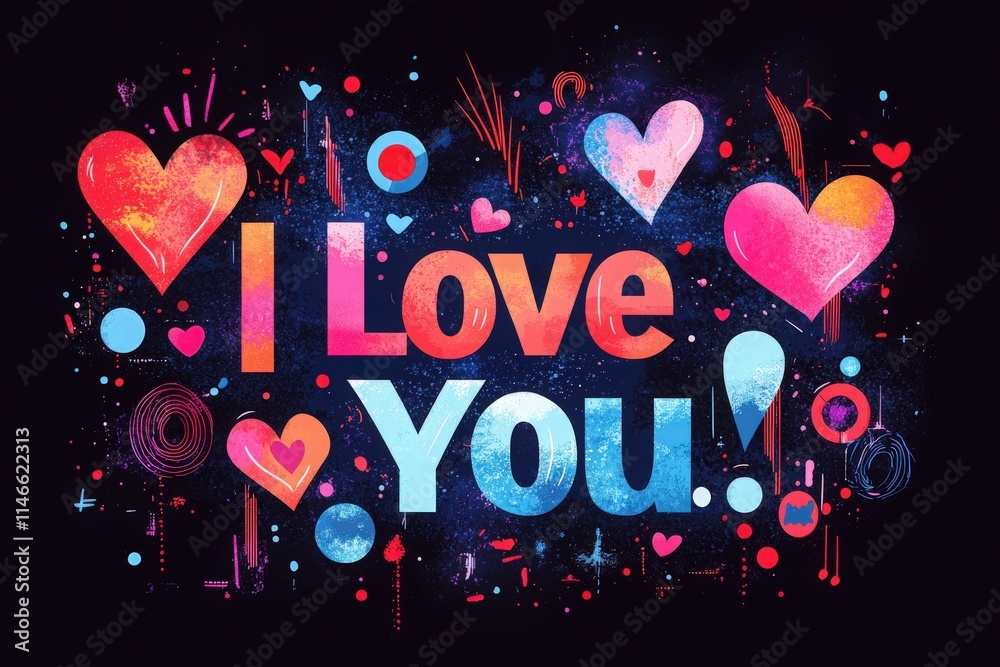 Bright colors and playful shapes come together to express love through text and hearts. The artwork uses vivid hues against a dark background to create an uplifting atmosphere.