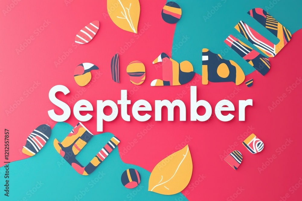 Bright colors and playful shapes represent the arrival of September. Leaf patterns and vibrant designs create a festive atmosphere, marking the change of season with artistic flair.