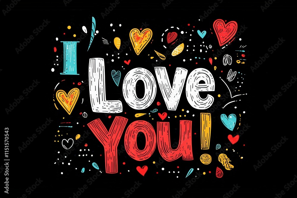 Bright colors come together in a vibrant design featuring the phrase I Love You! surrounded by hearts and playful elements. The background is dark, enhancing the cheerful message.