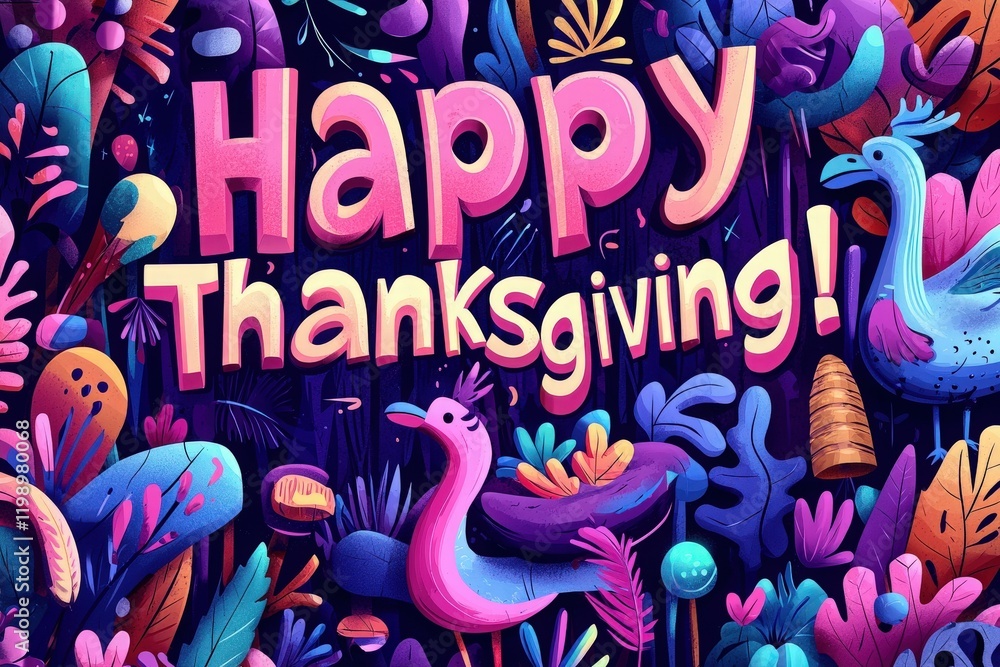 Bright colors fill the composition with plants, animals, and festive elements, creating a joyful ambiance for Thanksgiving celebrations. The words Happy Thanksgiving! stand out prominently.