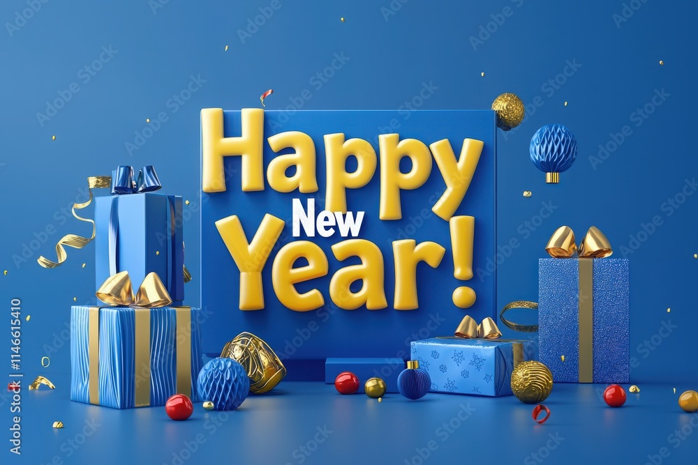 Bright decorations and gift boxes celebrate the New Year against a vibrant blue backdrop. Golden and colorful elements convey a joyful atmosphere filled with excitement for the new beginnings.
