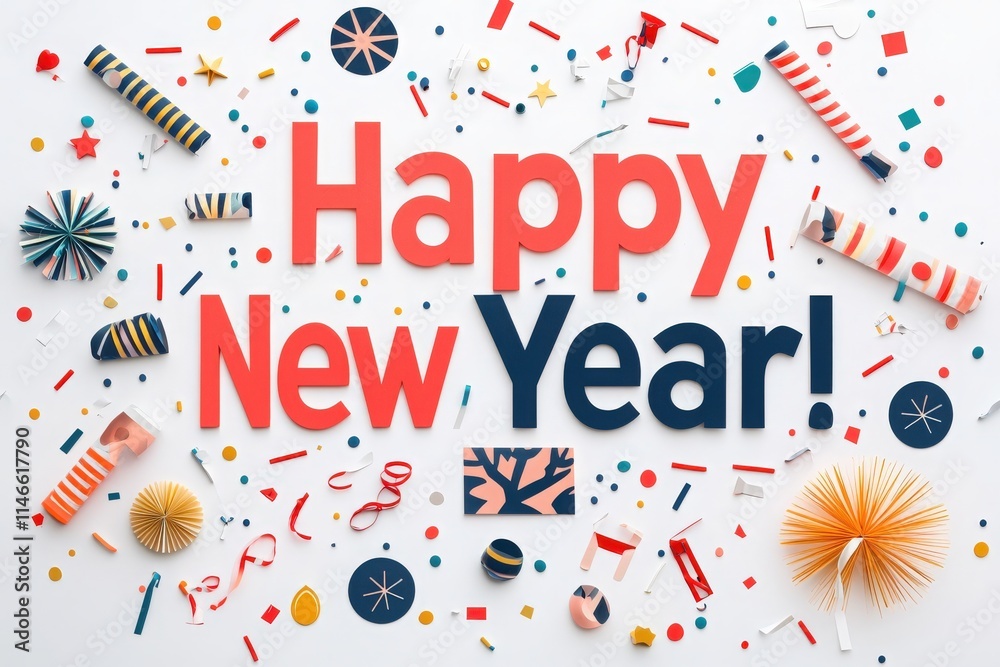 Bright decorations and playful confetti showcase the excitement of New Years celebration, filled with colors and designs that light up the atmosphere. Joy and festivity are evident in every detail.