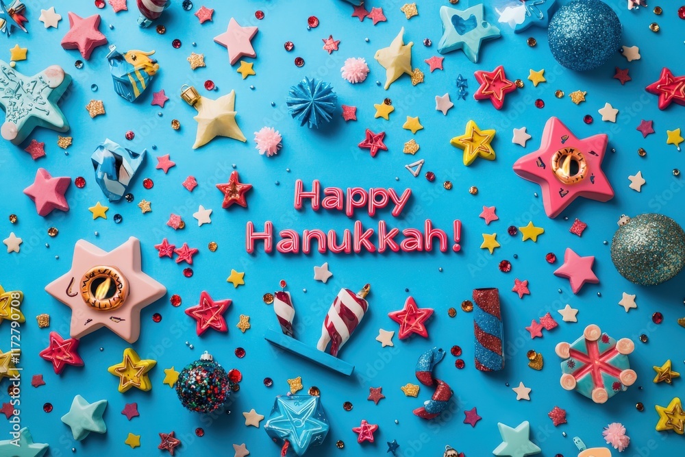 Bright decorations featuring stars, dreidels, and ornaments create a vibrant celebration for Hanukkah. These festive items are arranged on a cheerful blue background, emphasizing joy.