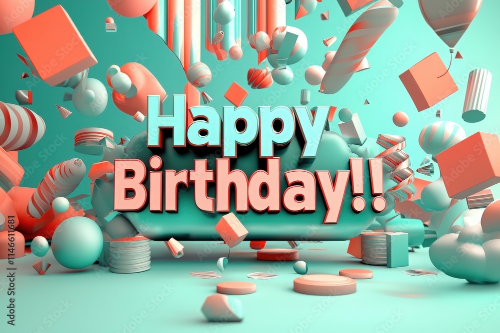 Bright decorations float in a vibrant space, celebrating a special occasion. Balloons, confetti, and colorful shapes create a joyful atmosphere, perfect for a birthday celebration.