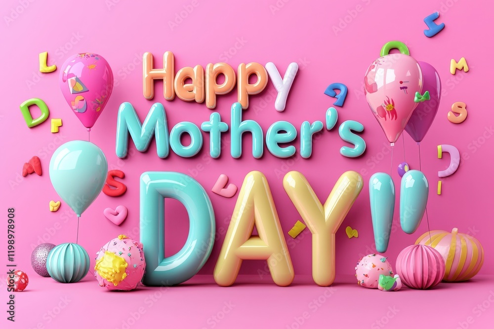 Bright decorations for Mothers Day featuring colorful letters and balloons. The backdrop is a vibrant pink, creating a joyful atmosphere for this special occasion filled with love.