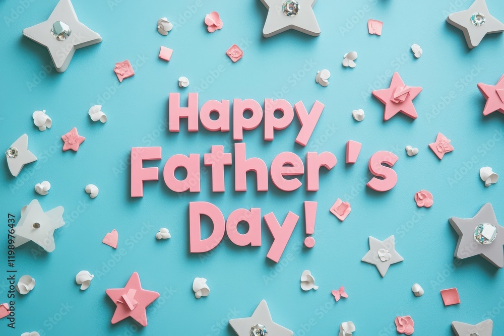 Bright decorations in pink and gray celebrate Fathers Day, set against a blue background. Stars, flowers, and shiny accents create a festive and cheerful atmosphere for honoring fathers.