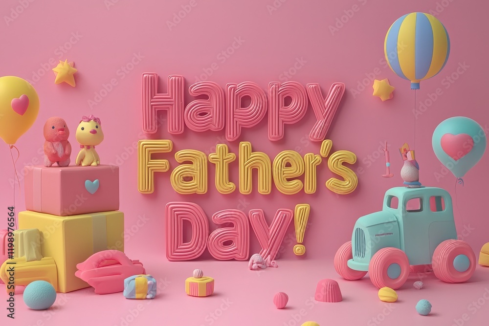 Bright decorations in pink and pastel colors create a joyful atmosphere for Fathers Day. Playful toys and festive items convey a sense of celebration and love.
