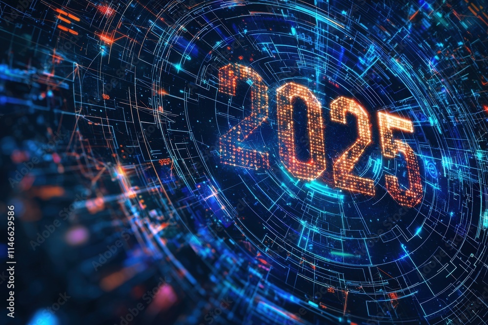 Bright digital numbers display the year 2025 against a backdrop of vibrant circuits and glowing lines, symbolizing technological advancement and innovation in the future.