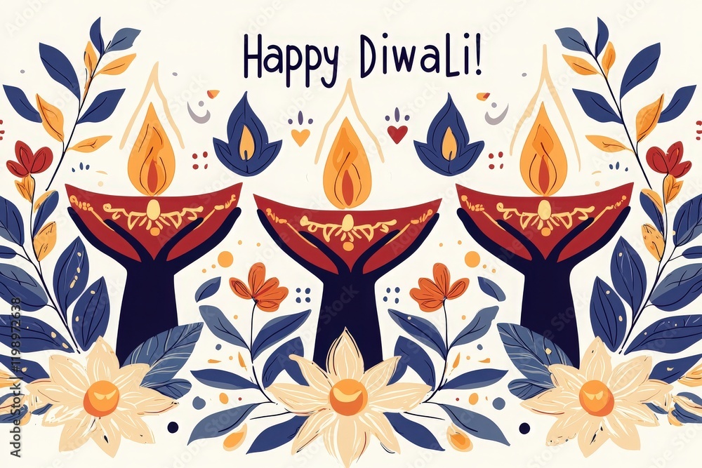 Bright diyas illuminate the festive atmosphere, surrounded by colorful flowers and leaves. The cheerful message invites everyone to join in the joyous Diwali celebration with warmth and light.