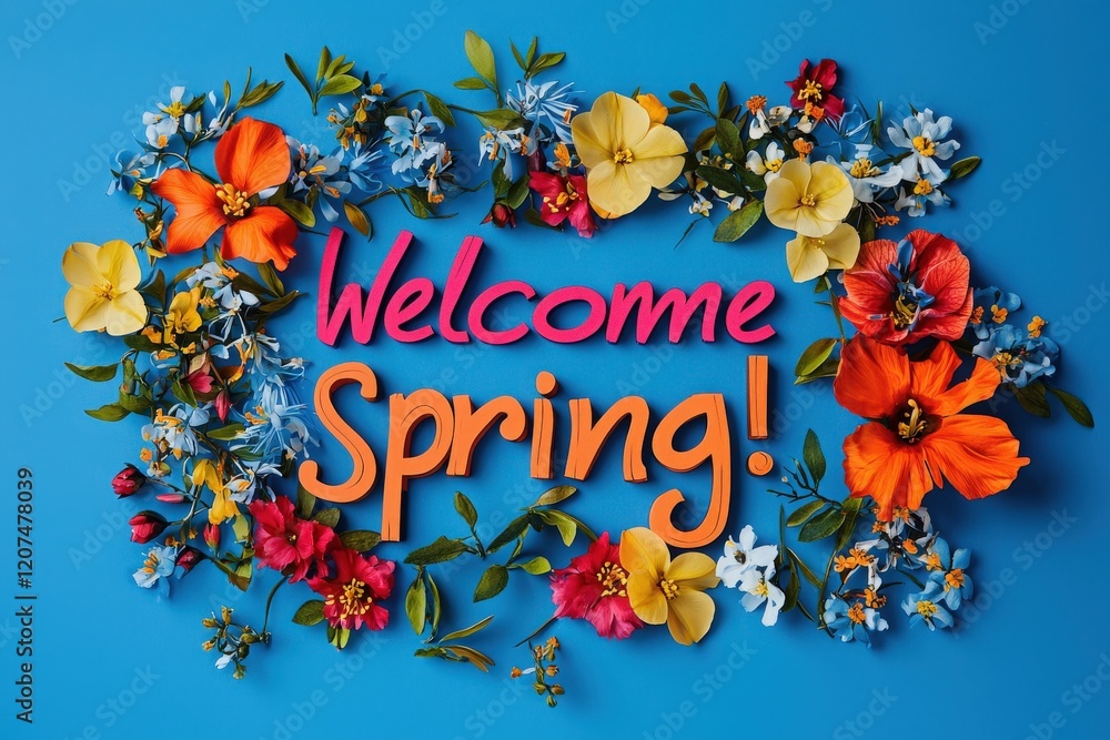 Bright flowers in various colors frame a cheerful greeting that welcomes spring, creating a lively atmosphere. The design features shades of pink, orange, yellow, and blue, symbolizing renewal.