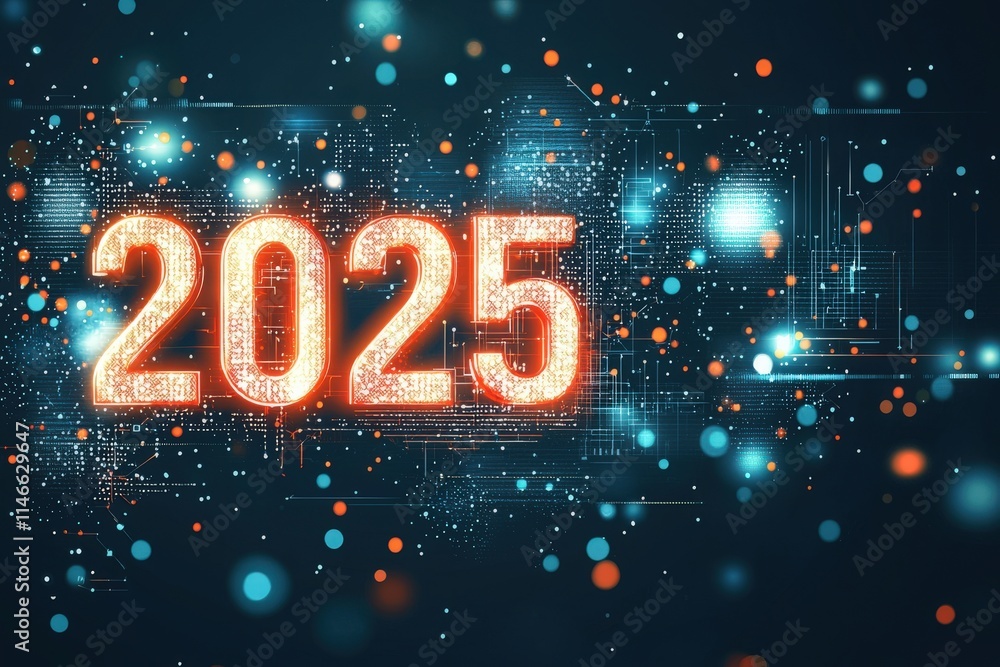 Bright glowing numbers signify the year 2025, surrounded by a dynamic digital background with colorful dots and lines. The design suggests themes of technology and innovation.