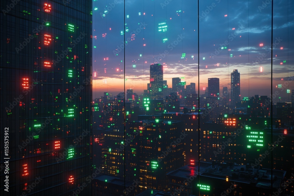 Bright green and red lights illuminate windows of skyscrapers against a dusk sky. The urban skyline reflects vivid colors while the sun sets, creating a dynamic and vibrant atmosphere.