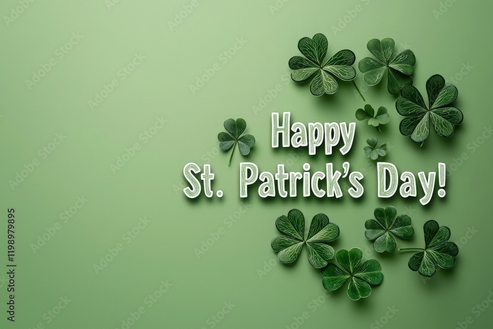 Bright green background features various shamrocks arranged artfully around the phrase Happy St. Patricks Day. The design embodies the festive spirit of the holiday, celebrating Irish culture.
