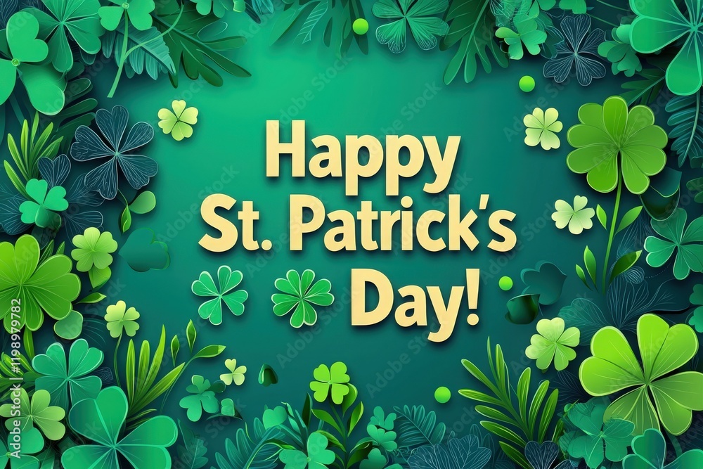 Bright green clovers and decorative elements fill the background, creating a vibrant atmosphere for St. Patricks Day celebrations. A joyful greeting captures the spirit of this festive occasion.