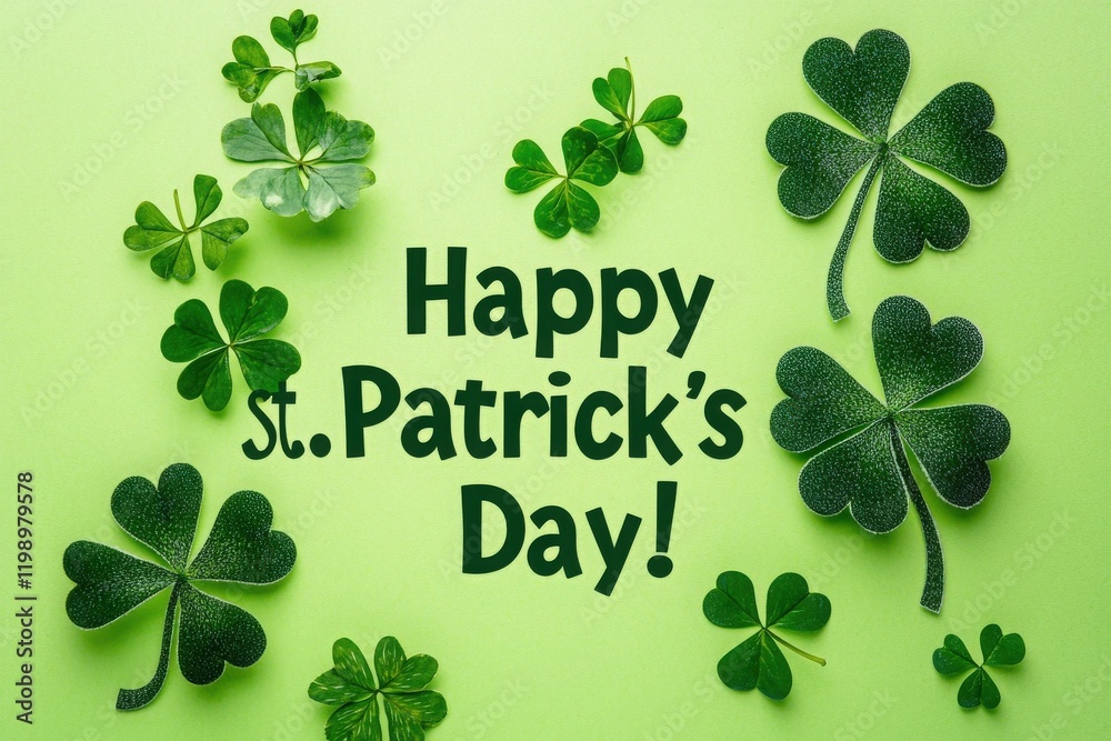 Bright green clovers are arranged artfully against a light green background, creating a celebratory atmosphere for St Patricks Day. The greeting adds a joyful touch to the scene.