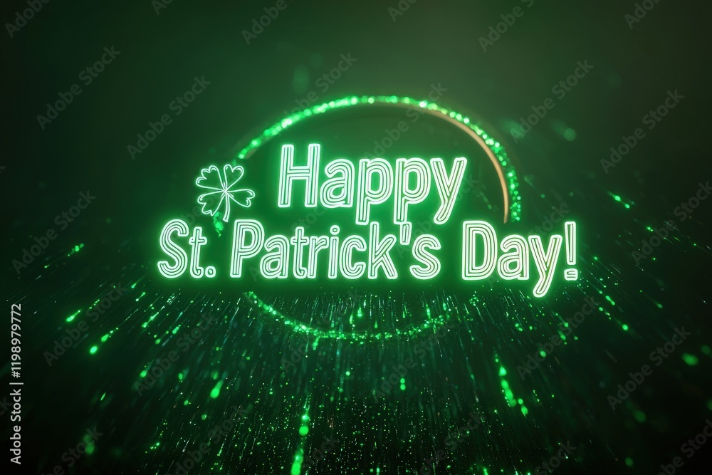 Bright green graphics announce St. Patricks Day, featuring glowing text and a shamrock. The design evokes a celebratory and cheerful atmosphere suitable for festivities.