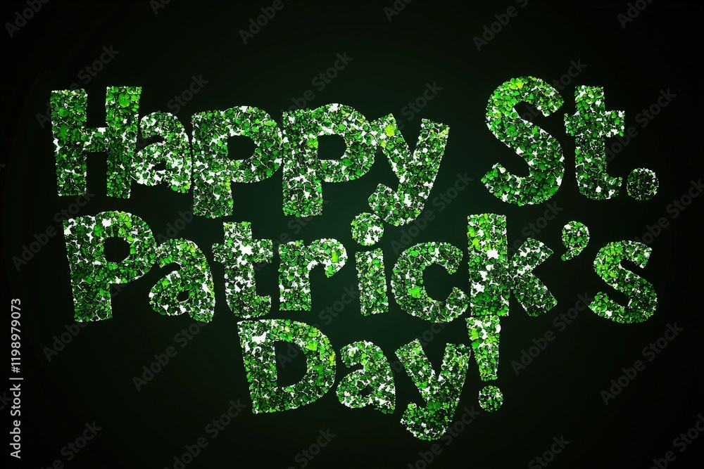Bright green letters spell out Happy St. Patricks Day, creating a lively atmosphere perfect for celebration. The shimmering text captures the spirit of the holiday.