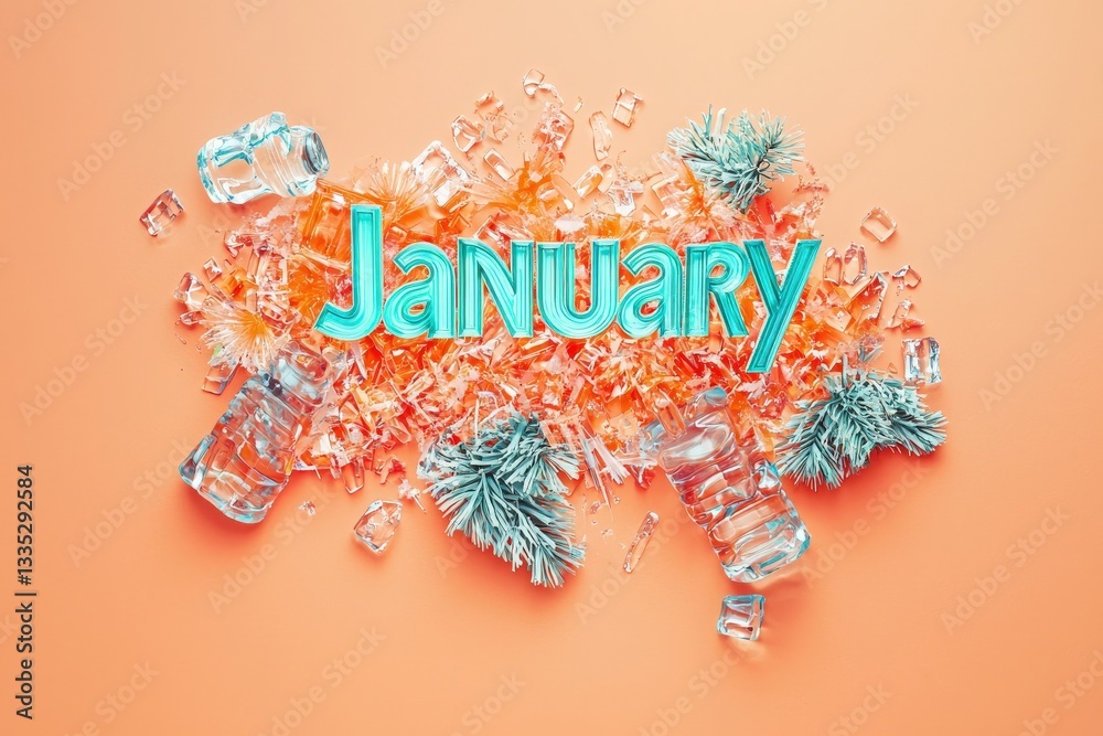 Bright lettering spelling January is surrounded by crushed ice and miniature pine branches. The whimsical design captures the freshness and coolness of the winter month, adding a festive touch.