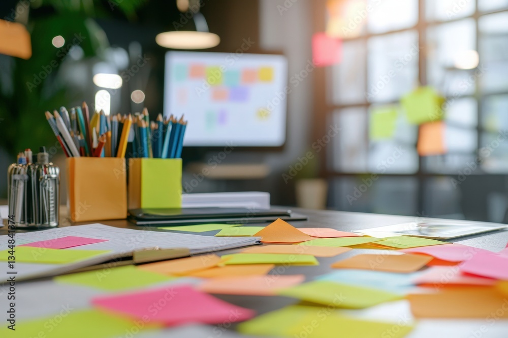 Bright, modern workspace filled with vibrant sticky notes scattered across a table. Stationery items like pens and pencils are organized, while a monitor displays digital content nearby.