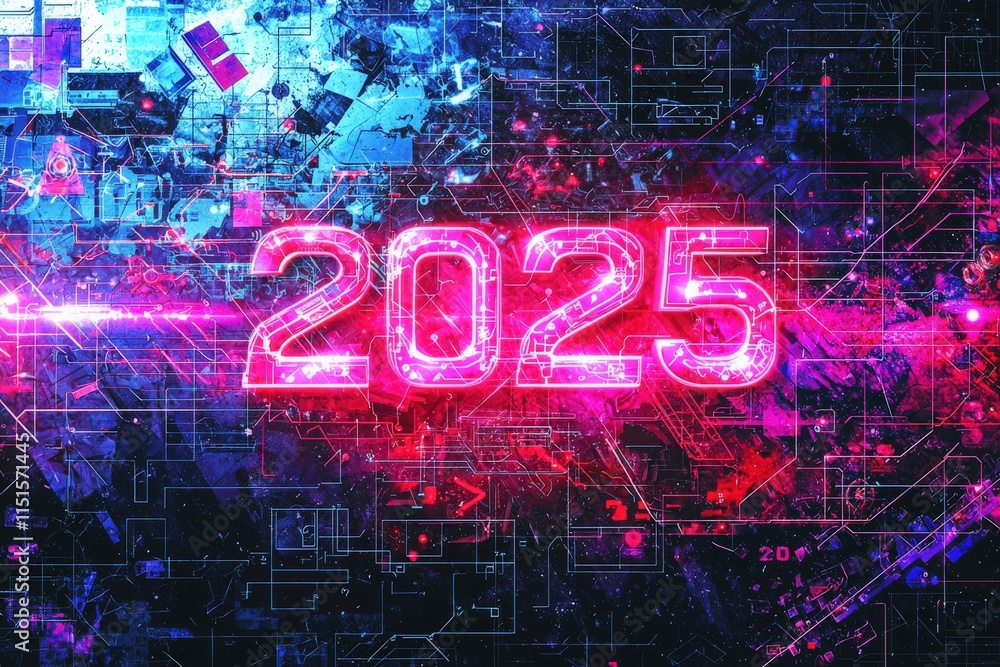Bright neon numbers signify 2025, surrounded by an abstract digital landscape of colorful circuit patterns and glowing lines. The design evokes a sense of advanced technology and innovation.