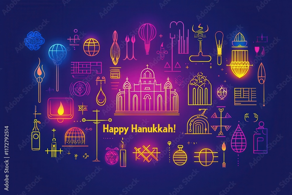 Bright neon symbols representing Hanukkah fill the background with rich colors. The artwork features traditional elements, creating a vibrant display of celebration and culture during the holiday.