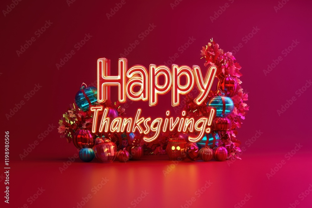 Bright neon text expresses happy Thanksgiving, surrounded by colorful ornaments and seasonal decorations. The vibrant background enhances the festive atmosphere suited for holiday celebrations.