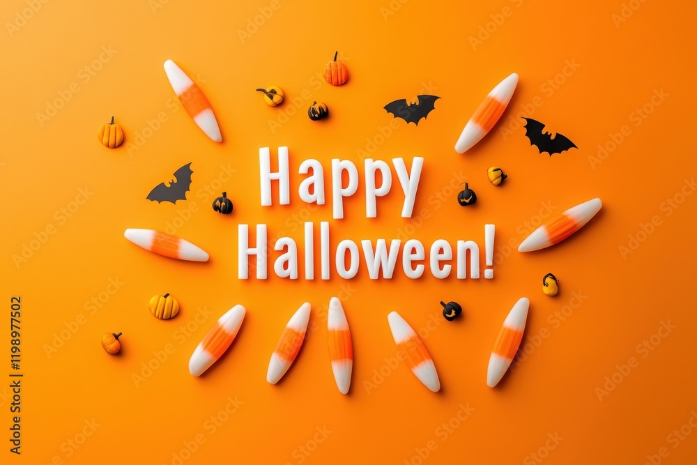 Bright orange background features a festive arrangement of candy corn, mini pumpkins, and bats, celebrating the Halloween spirit with cheerful text wishing a happy Halloween.